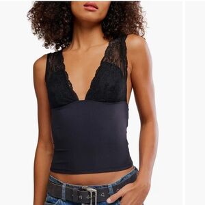 Free People Black Ribbed Power Pay Lace Trim Camisole Medium ~ NWT!